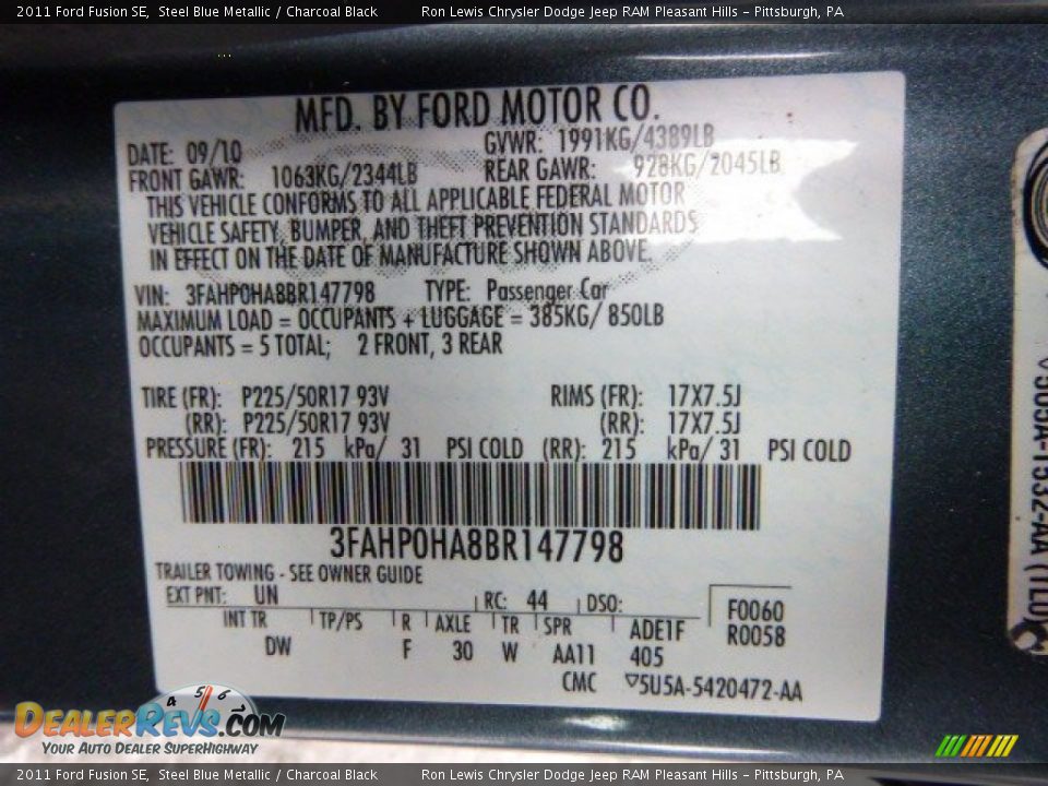 2011 Ford Fusion SE Steel Blue Metallic / Charcoal Black Photo #19