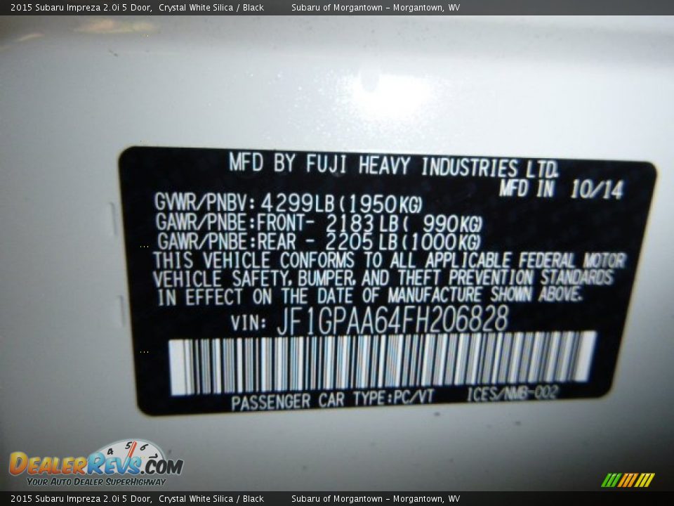2015 Subaru Impreza 2.0i 5 Door Crystal White Silica / Black Photo #14