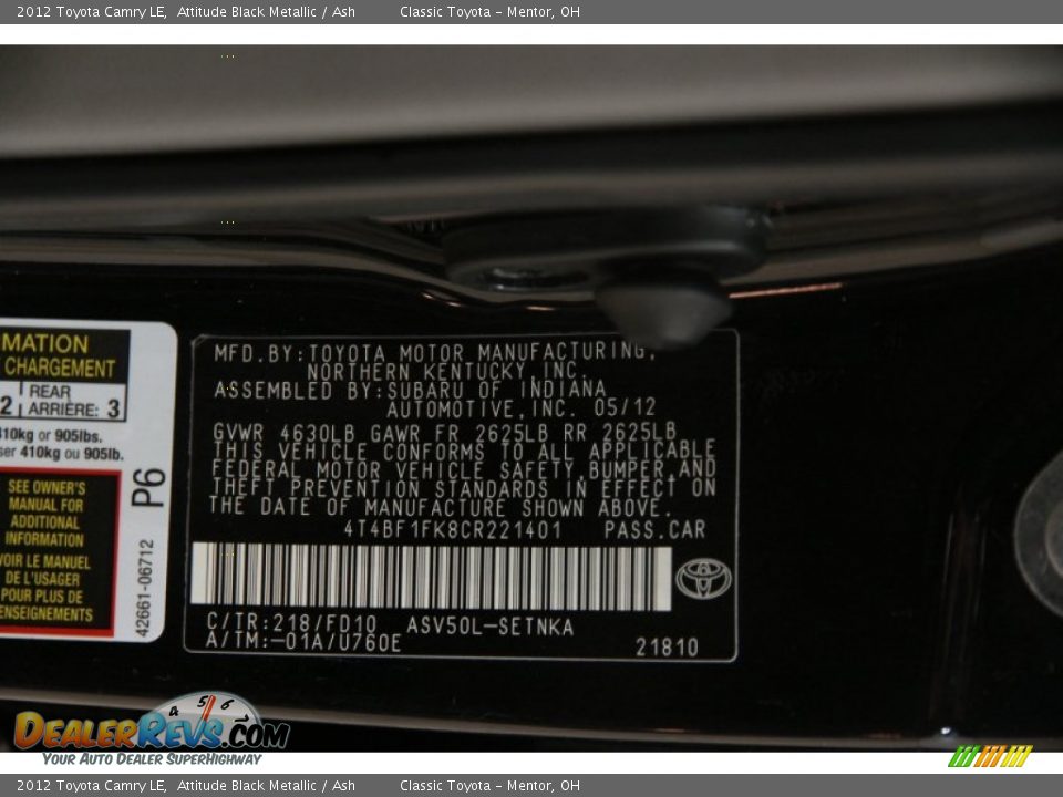 2012 Toyota Camry LE Attitude Black Metallic / Ash Photo #20