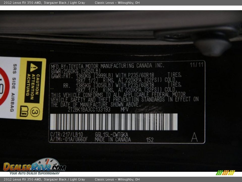 2012 Lexus RX 350 AWD Stargazer Black / Light Gray Photo #22