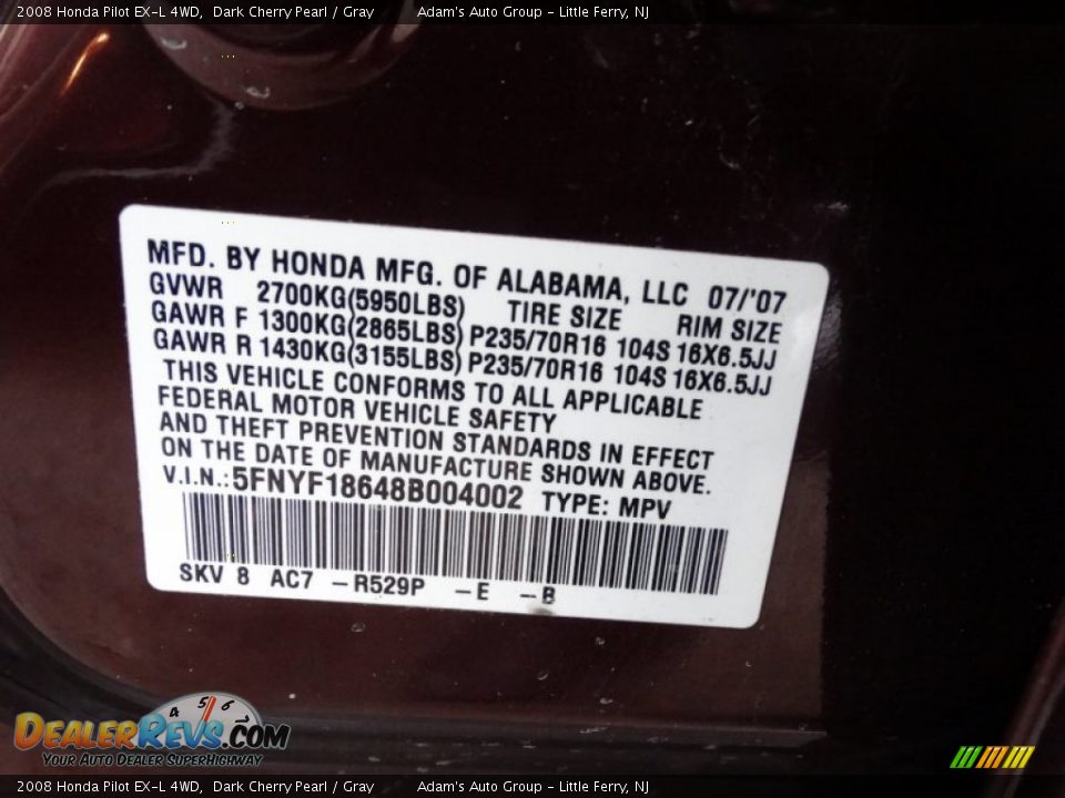 2008 Honda Pilot EX-L 4WD Dark Cherry Pearl / Gray Photo #27