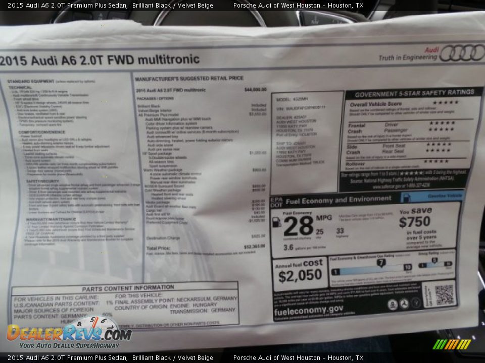 2015 Audi A6 2.0T Premium Plus Sedan Brilliant Black / Velvet Beige Photo #31