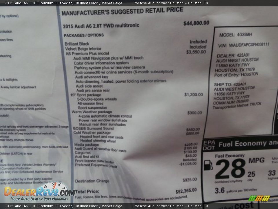 2015 Audi A6 2.0T Premium Plus Sedan Brilliant Black / Velvet Beige Photo #32