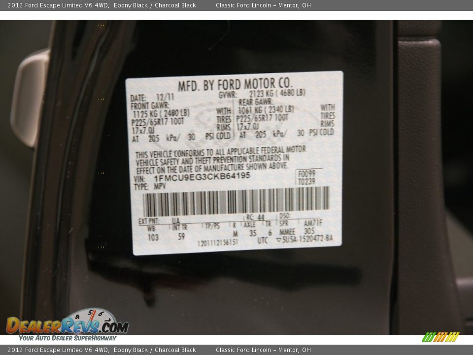 2012 Ford Escape Limited V6 4WD Ebony Black / Charcoal Black Photo #18