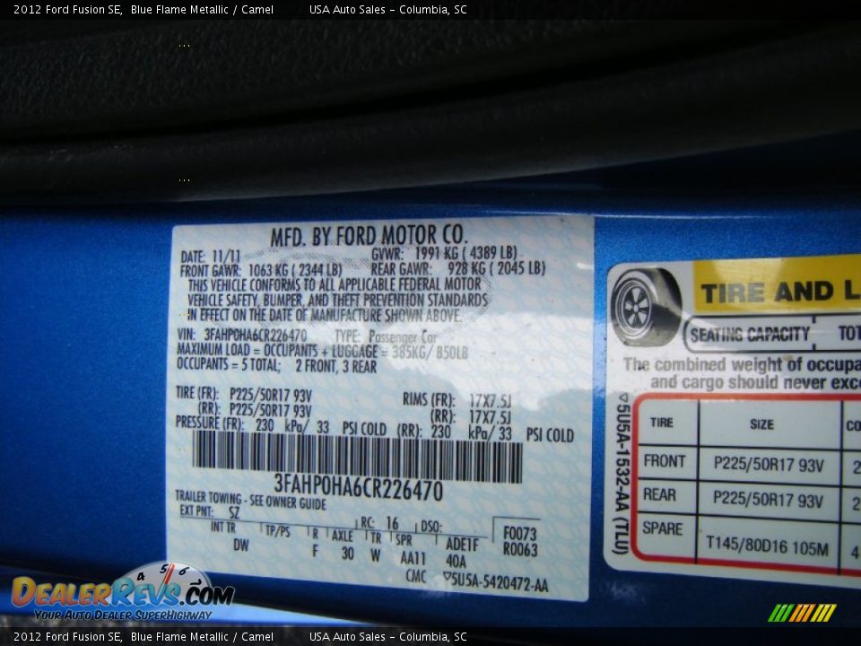2012 Ford Fusion SE Blue Flame Metallic / Camel Photo #19