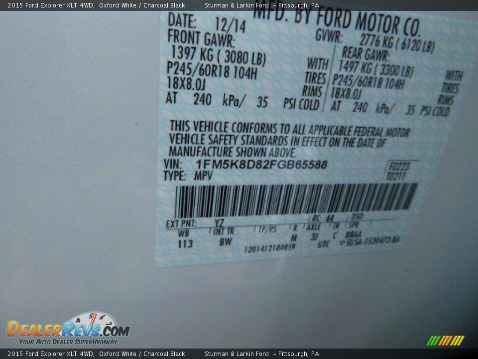 2015 Ford Explorer XLT 4WD Oxford White / Charcoal Black Photo #13