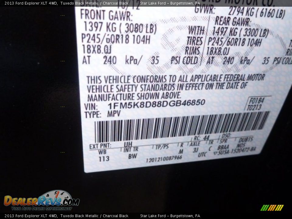 2013 Ford Explorer XLT 4WD Tuxedo Black Metallic / Charcoal Black Photo #14