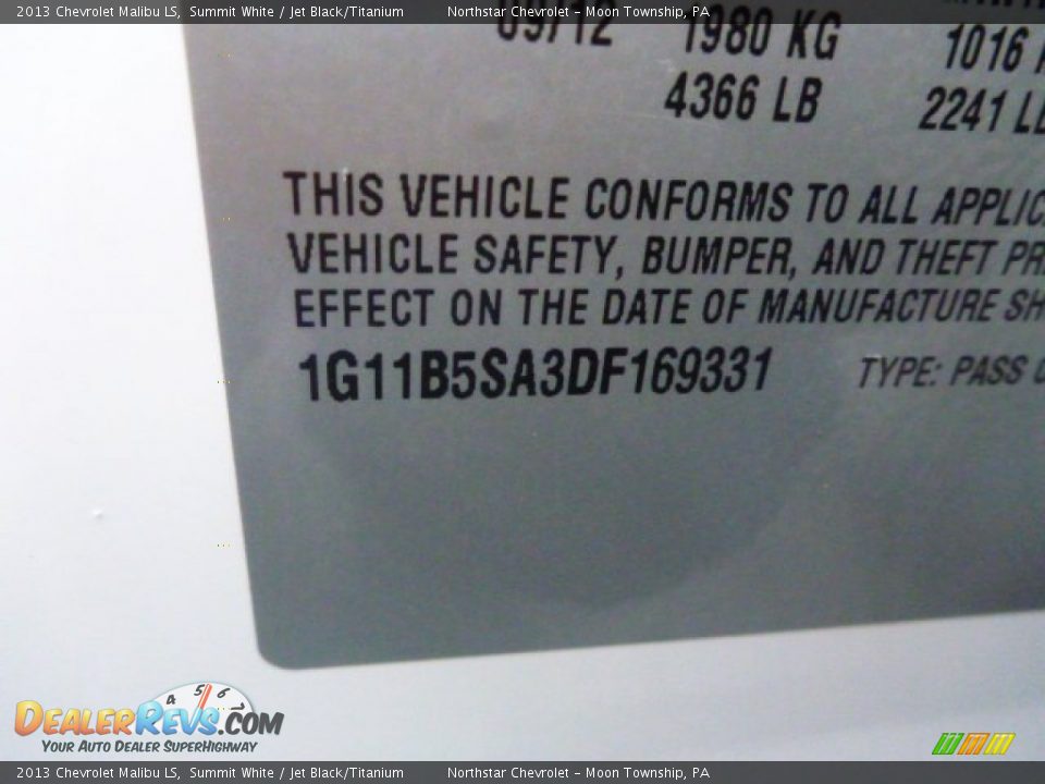 2013 Chevrolet Malibu LS Summit White / Jet Black/Titanium Photo #14