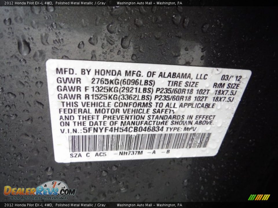 2012 Honda Pilot EX-L 4WD Polished Metal Metallic / Gray Photo #19