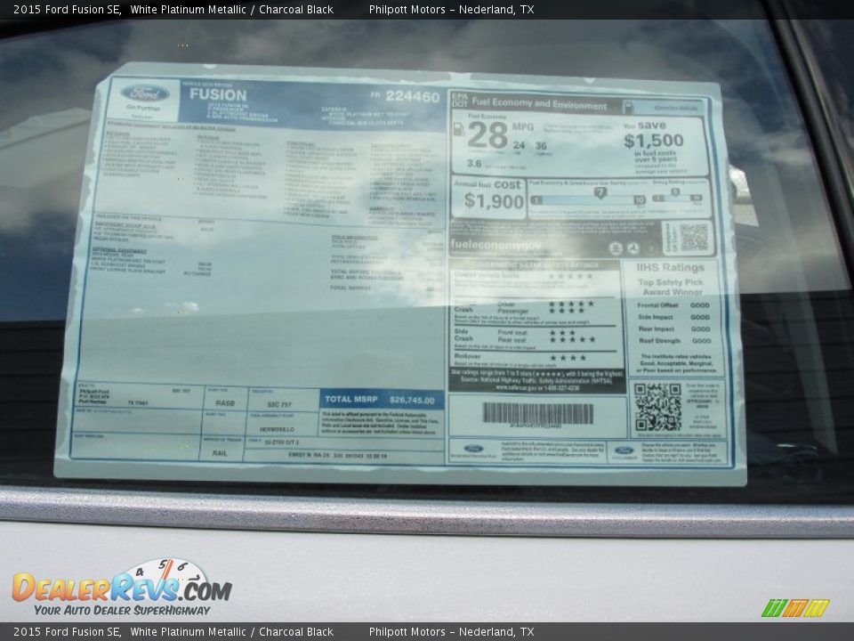 2015 Ford Fusion SE White Platinum Metallic / Charcoal Black Photo #33