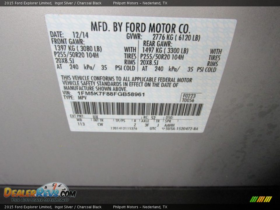2015 Ford Explorer Limited Ingot Silver / Charcoal Black Photo #30