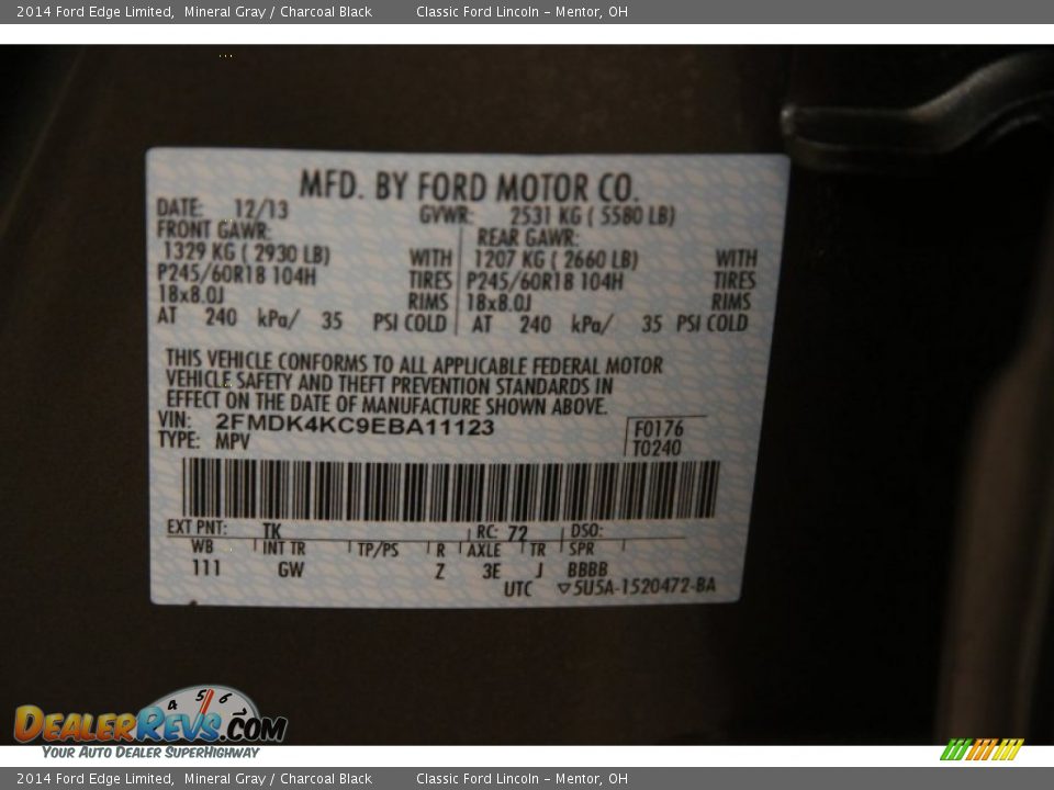 2014 Ford Edge Limited Mineral Gray / Charcoal Black Photo #19