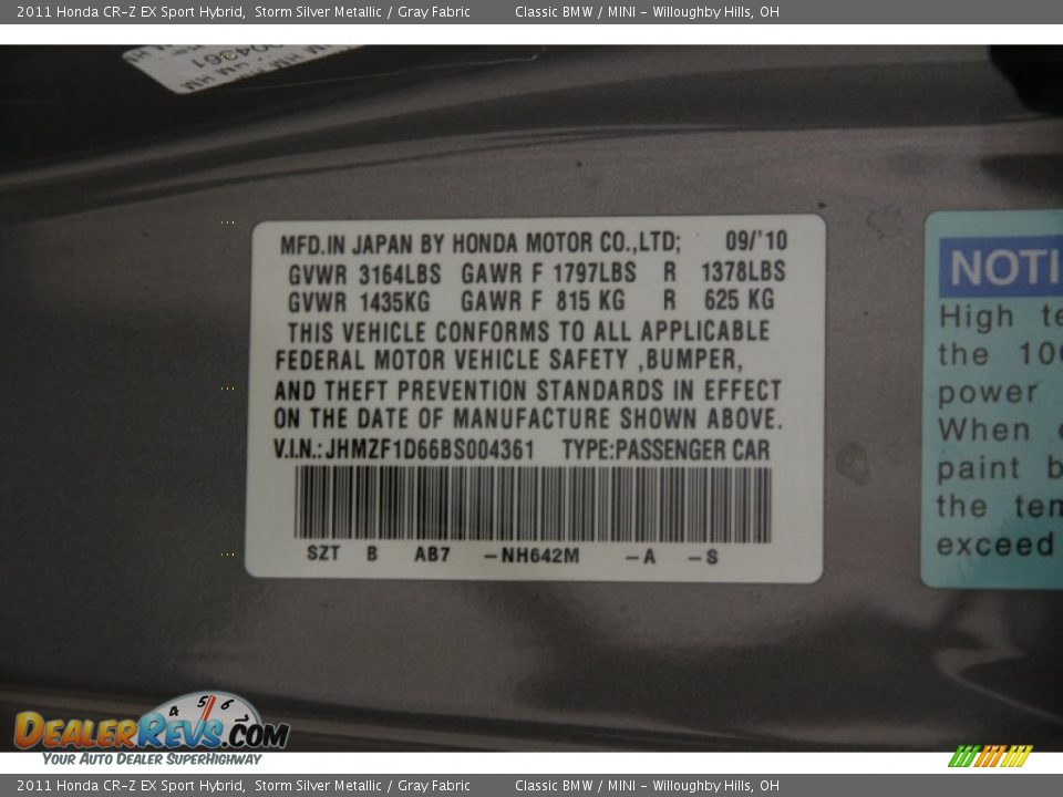2011 Honda CR-Z EX Sport Hybrid Storm Silver Metallic / Gray Fabric Photo #25
