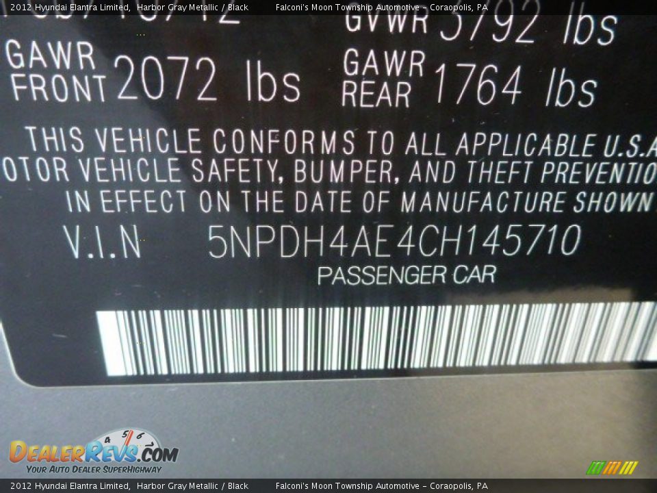 2012 Hyundai Elantra Limited Harbor Gray Metallic / Black Photo #18