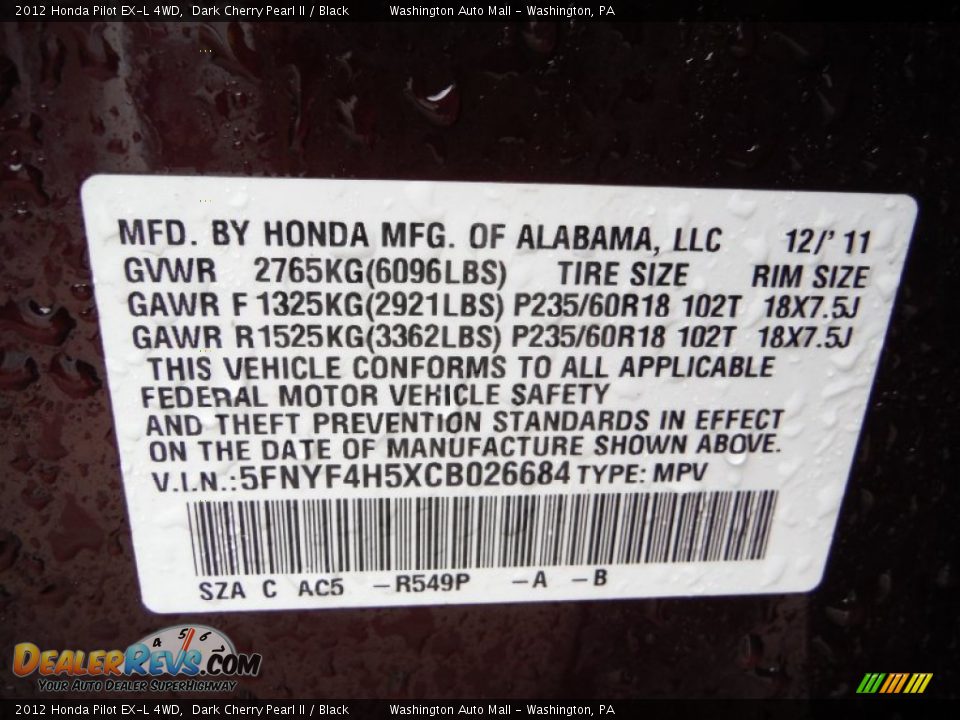 2012 Honda Pilot EX-L 4WD Dark Cherry Pearl II / Black Photo #19