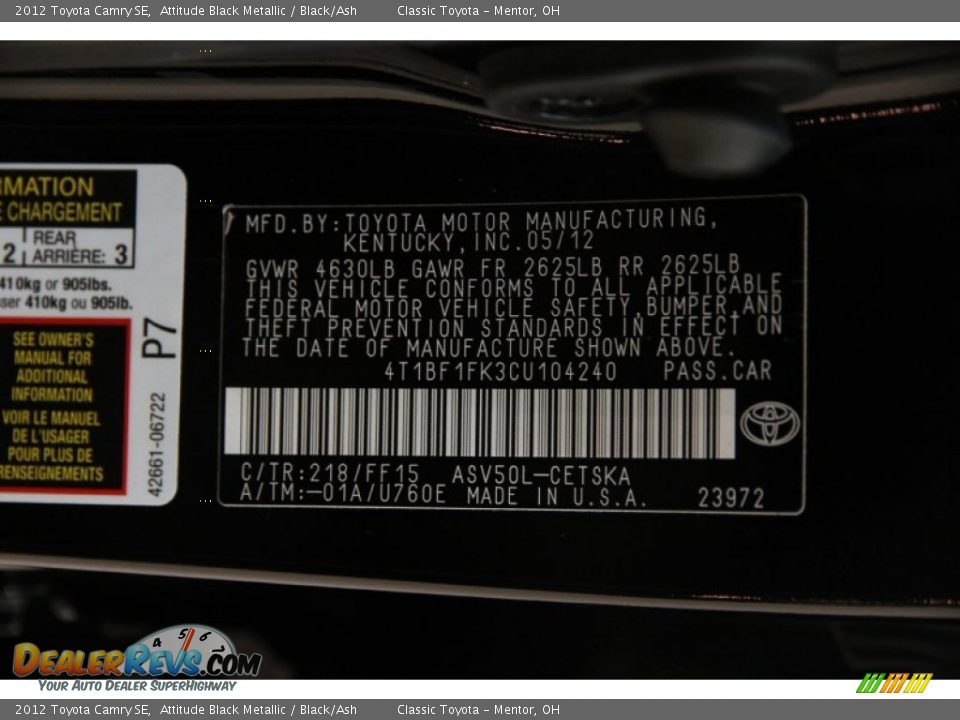 2012 Toyota Camry SE Attitude Black Metallic / Black/Ash Photo #16
