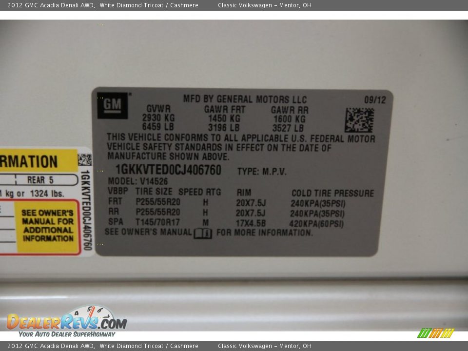 2012 GMC Acadia Denali AWD White Diamond Tricoat / Cashmere Photo #23
