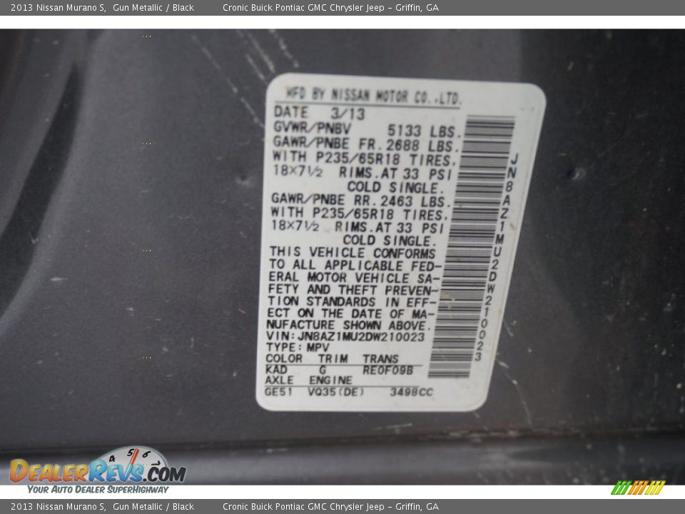2013 Nissan Murano S Gun Metallic / Black Photo #25