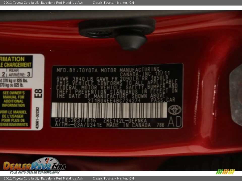 2011 Toyota Corolla LE Barcelona Red Metallic / Ash Photo #16