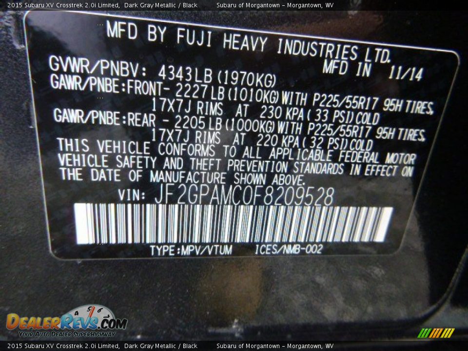 2015 Subaru XV Crosstrek 2.0i Limited Dark Gray Metallic / Black Photo #16