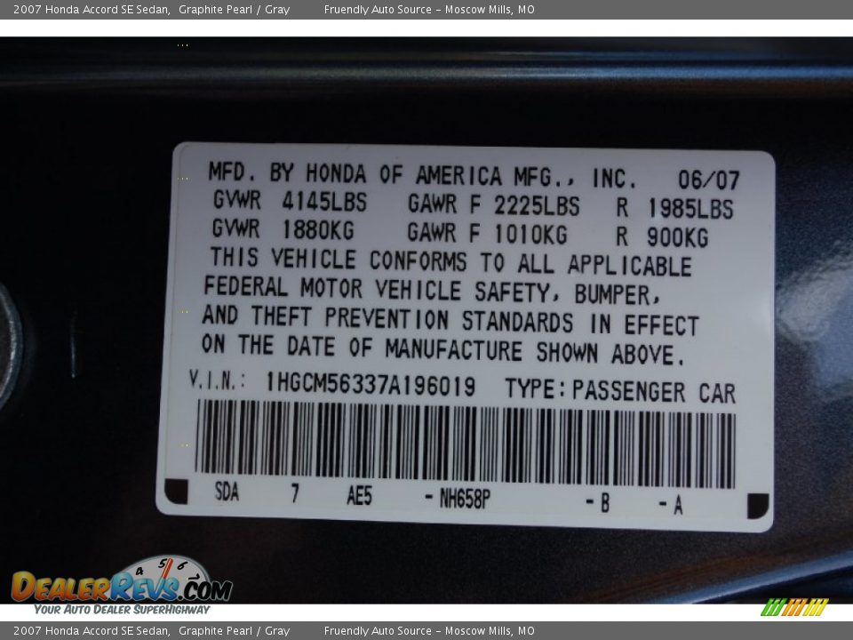2007 Honda Accord SE Sedan Graphite Pearl / Gray Photo #25