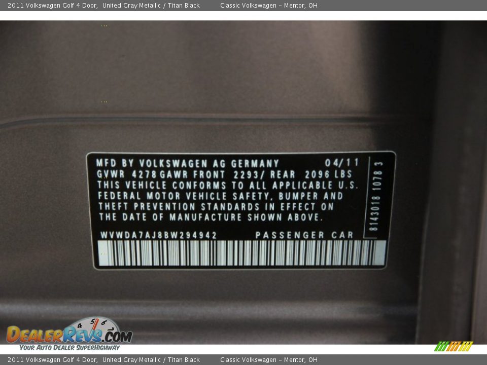 2011 Volkswagen Golf 4 Door United Gray Metallic / Titan Black Photo #15