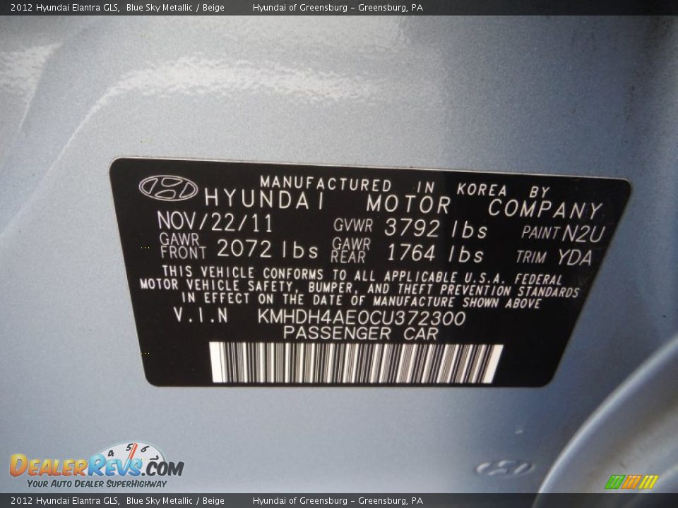 2012 Hyundai Elantra GLS Blue Sky Metallic / Beige Photo #24