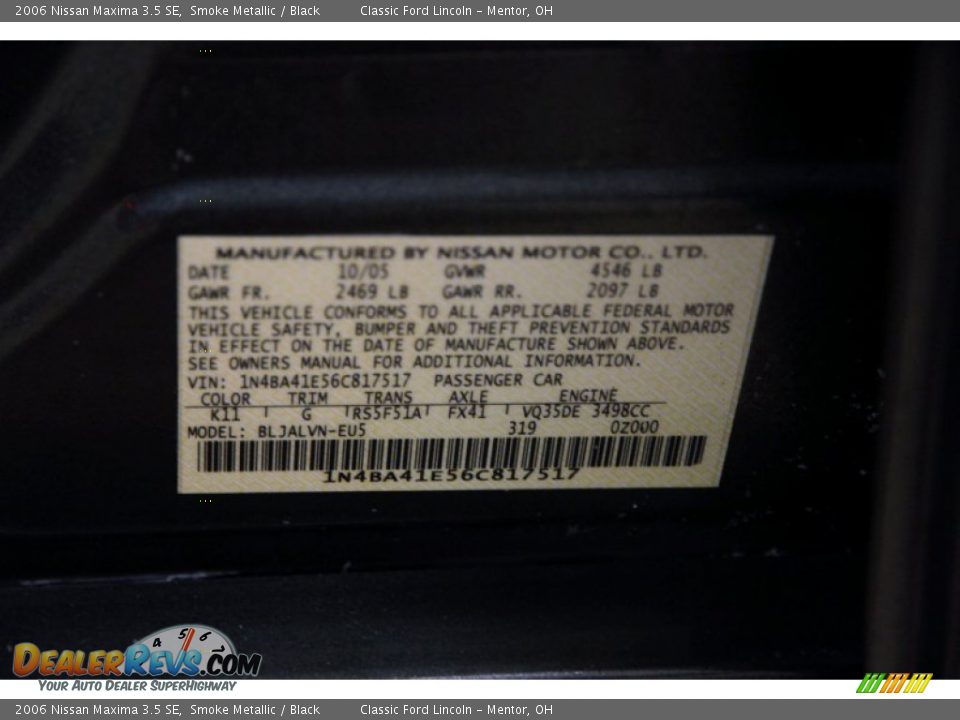 2006 Nissan Maxima 3.5 SE Smoke Metallic / Black Photo #18