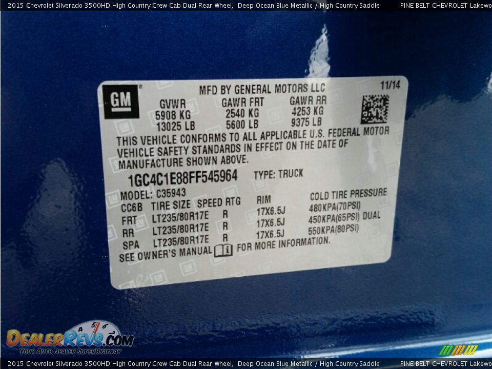 Info Tag of 2015 Chevrolet Silverado 3500HD High Country Crew Cab Dual Rear Wheel Photo #8