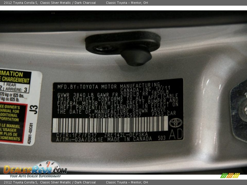 2012 Toyota Corolla S Classic Silver Metallic / Dark Charcoal Photo #17