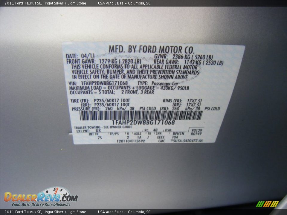2011 Ford Taurus SE Ingot Silver / Light Stone Photo #17