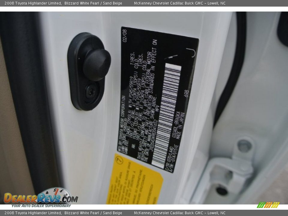 2008 Toyota Highlander Limited Blizzard White Pearl / Sand Beige Photo #7