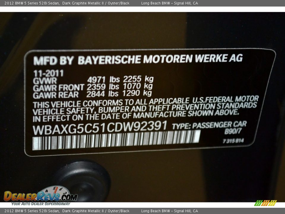2012 BMW 5 Series 528i Sedan Dark Graphite Metallic II / Oyster/Black Photo #11