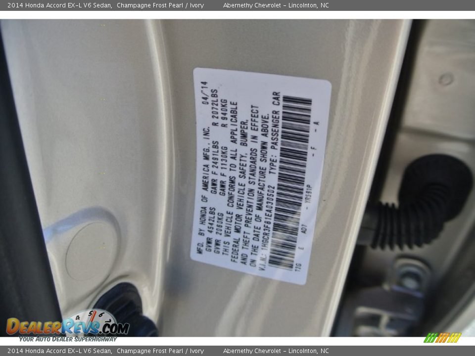 2014 Honda Accord EX-L V6 Sedan Champagne Frost Pearl / Ivory Photo #7