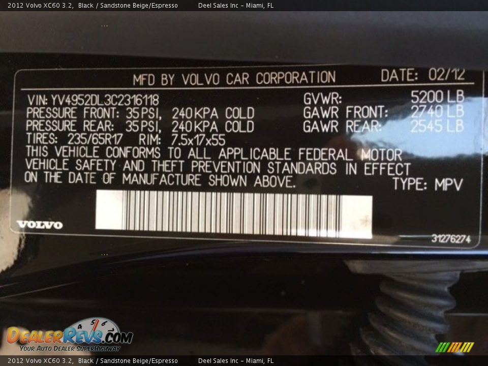 2012 Volvo XC60 3.2 Black / Sandstone Beige/Espresso Photo #14