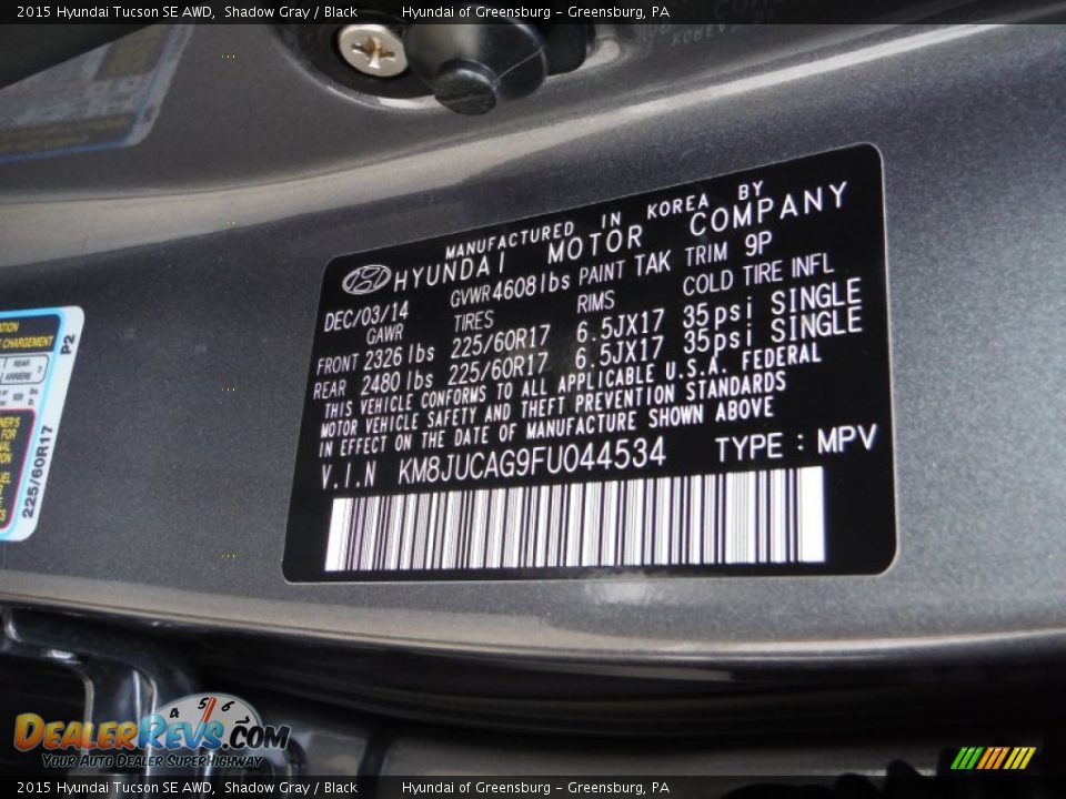 2015 Hyundai Tucson SE AWD Shadow Gray / Black Photo #20