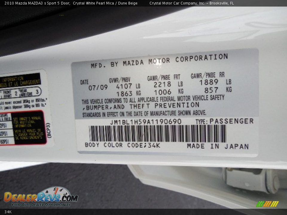 Mazda Color Code 34K Crystal White Pearl Mica