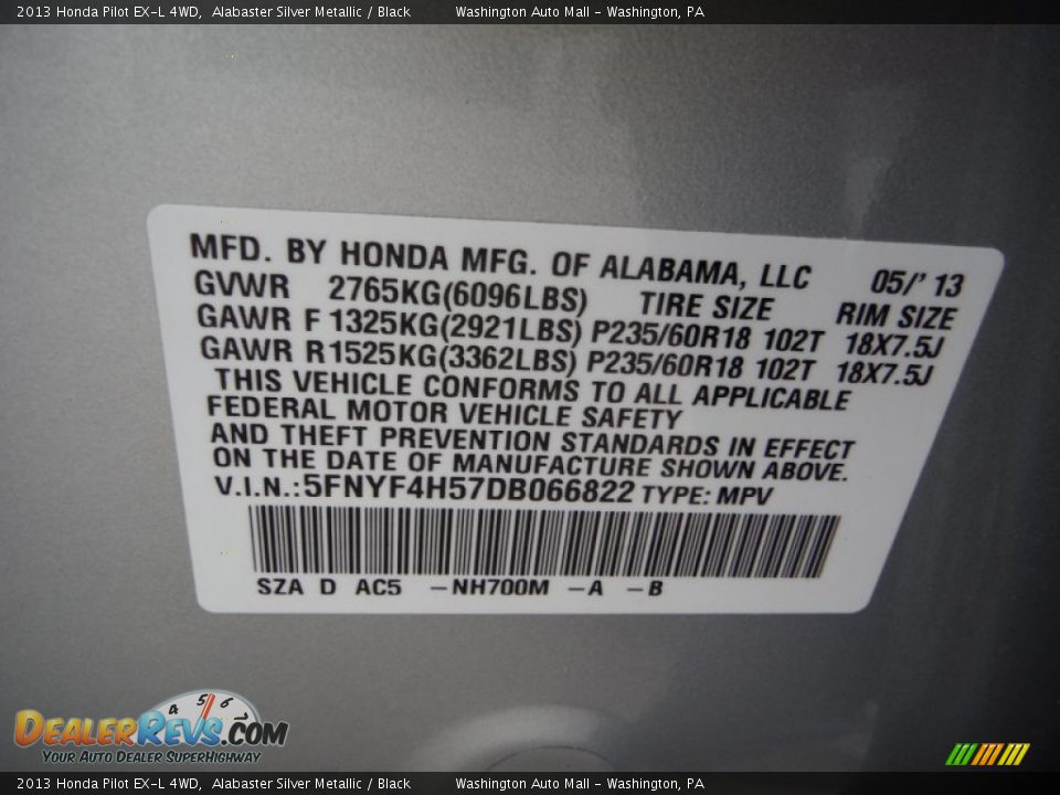 2013 Honda Pilot EX-L 4WD Alabaster Silver Metallic / Black Photo #19