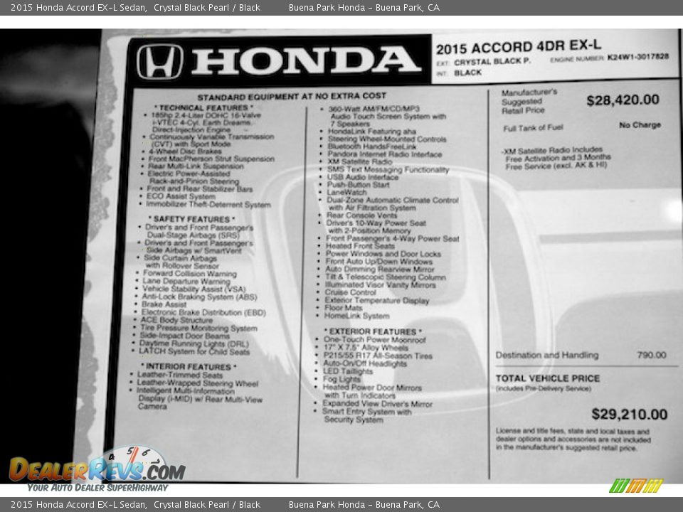 2015 Honda Accord EX-L Sedan Crystal Black Pearl / Black Photo #20