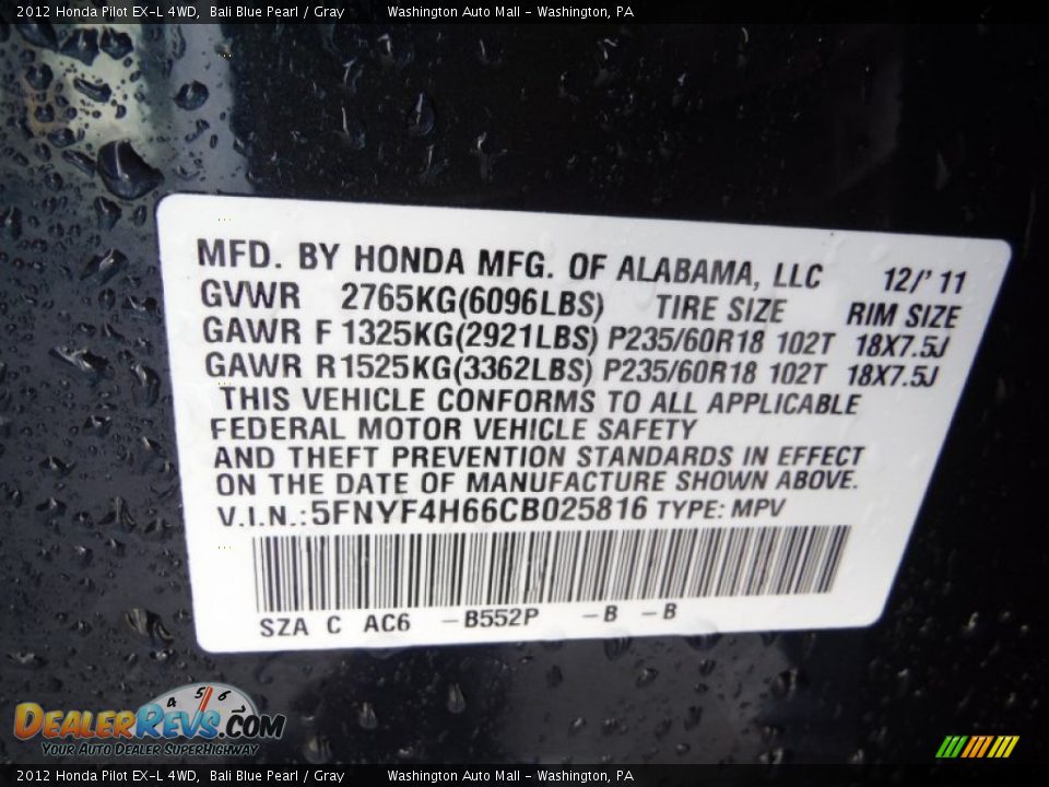 2012 Honda Pilot EX-L 4WD Bali Blue Pearl / Gray Photo #19
