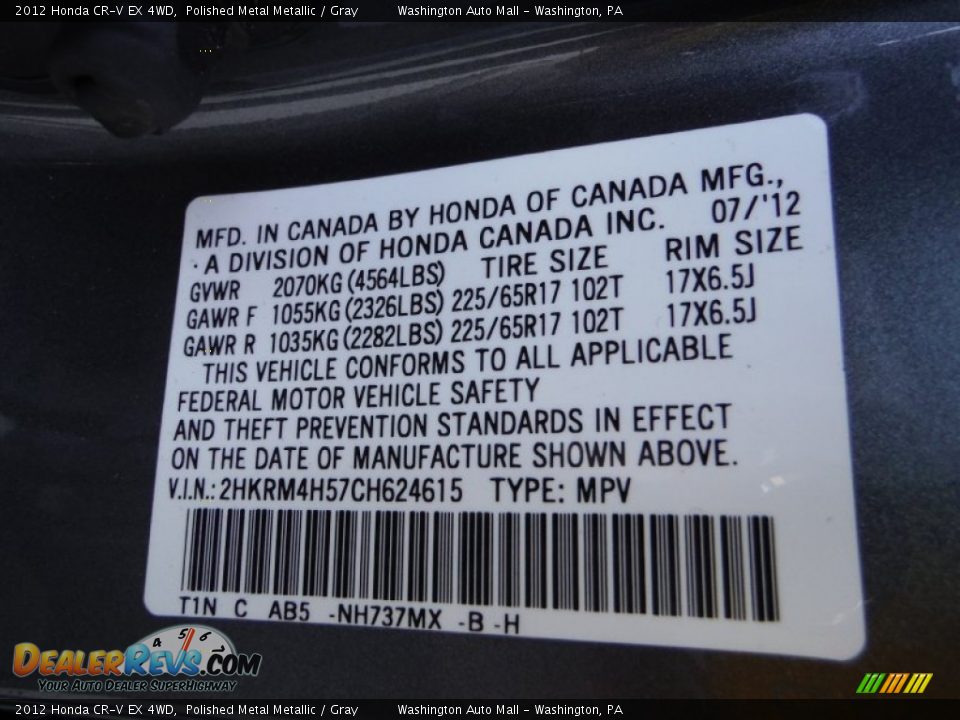 2012 Honda CR-V EX 4WD Polished Metal Metallic / Gray Photo #19