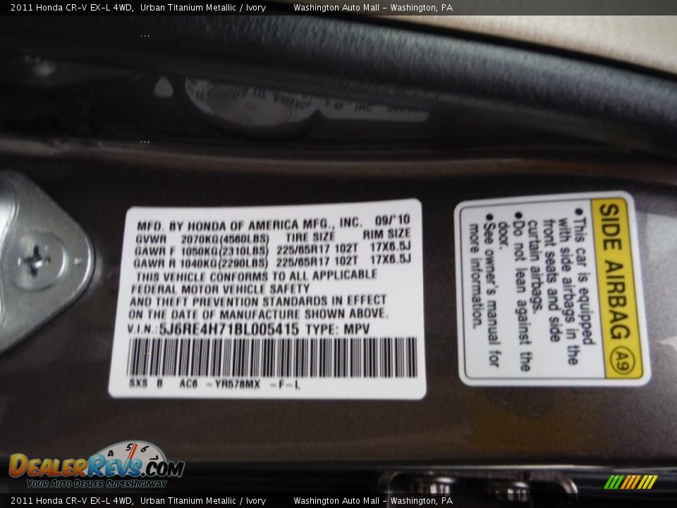 2011 Honda CR-V EX-L 4WD Urban Titanium Metallic / Ivory Photo #19