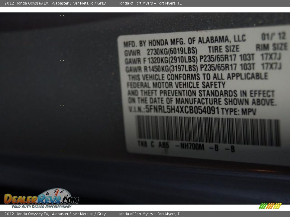 2012 Honda Odyssey EX Alabaster Silver Metallic / Gray Photo #33