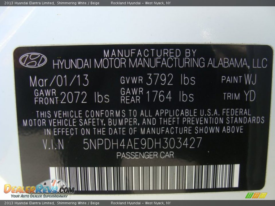 2013 Hyundai Elantra Limited Shimmering White / Beige Photo #29