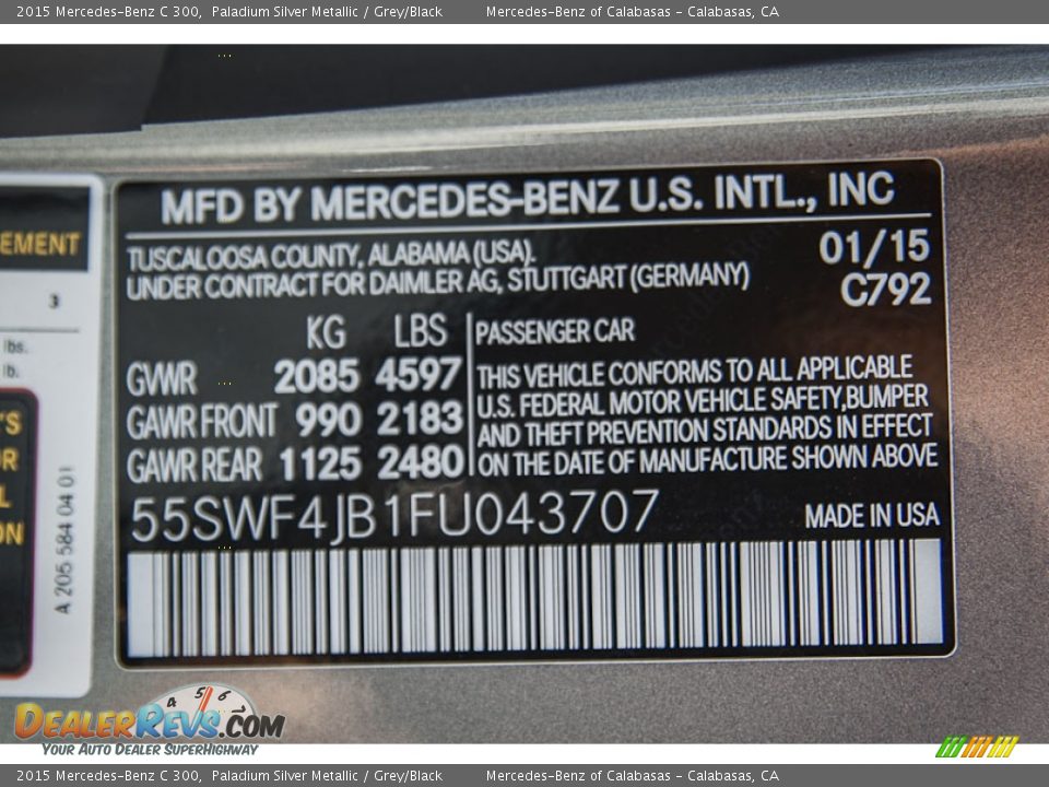 2015 Mercedes-Benz C 300 Paladium Silver Metallic / Grey/Black Photo #7