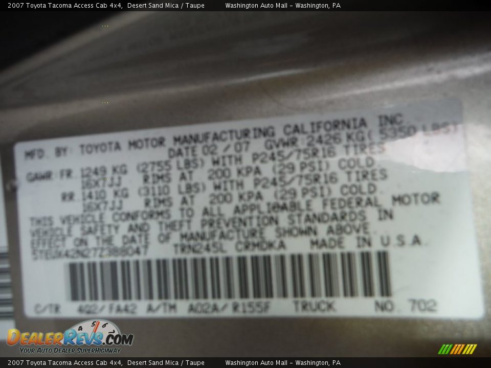 2007 Toyota Tacoma Access Cab 4x4 Desert Sand Mica / Taupe Photo #19