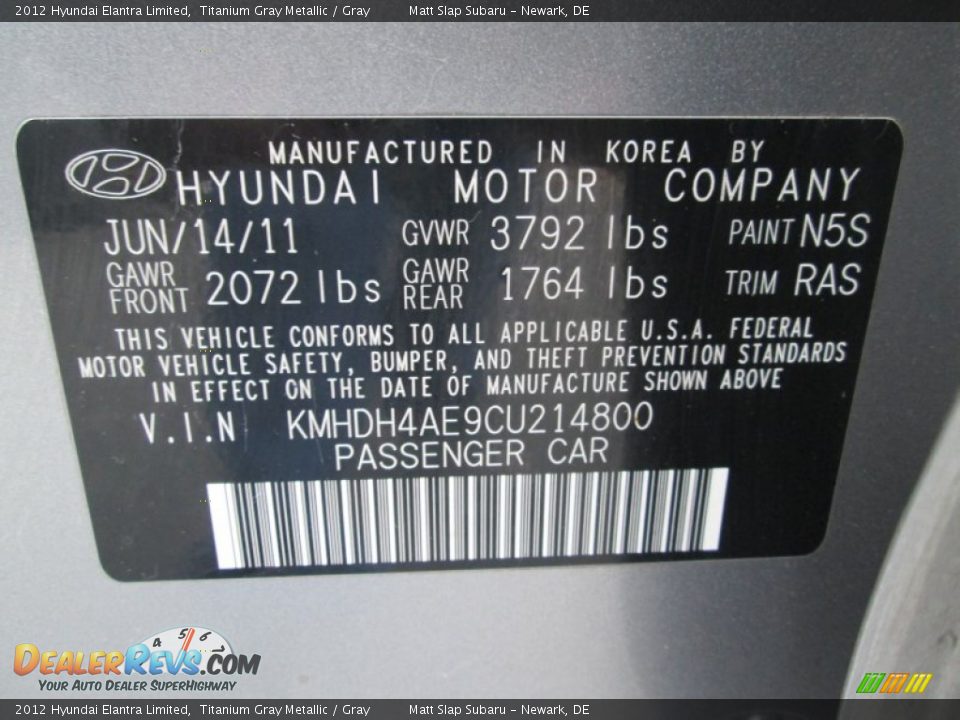 2012 Hyundai Elantra Limited Titanium Gray Metallic / Gray Photo #28
