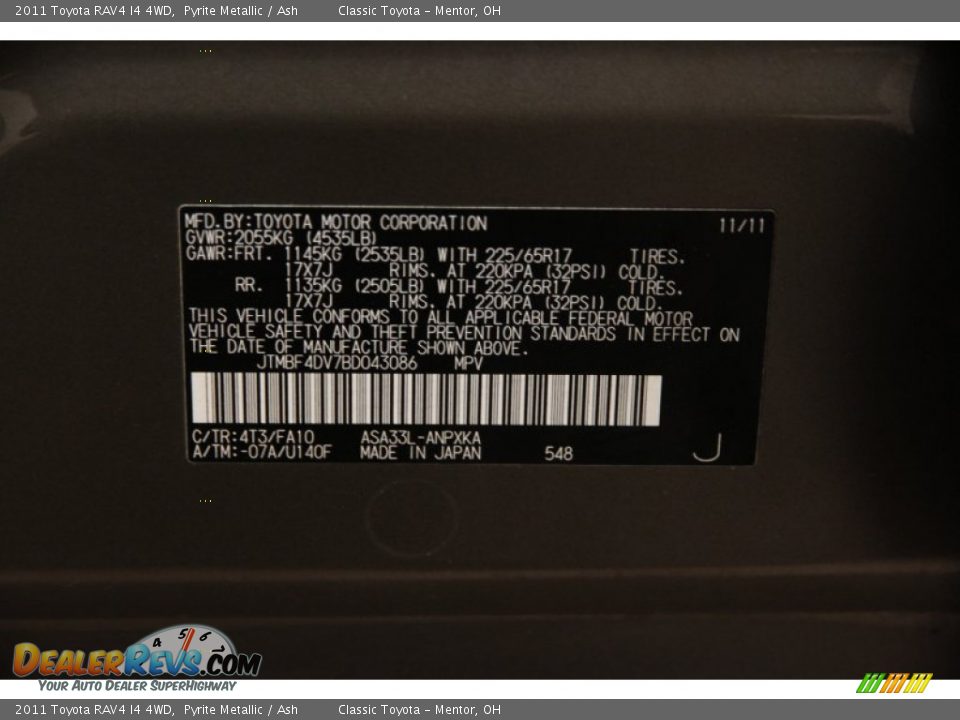 2011 Toyota RAV4 I4 4WD Pyrite Metallic / Ash Photo #15