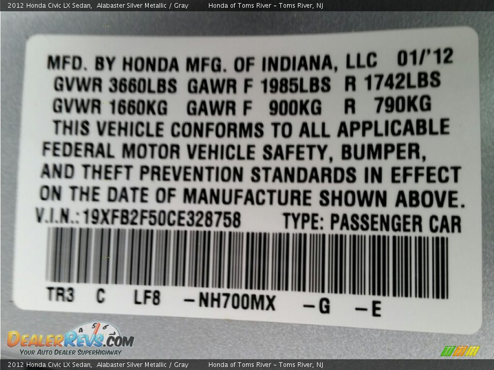 2012 Honda Civic LX Sedan Alabaster Silver Metallic / Gray Photo #18
