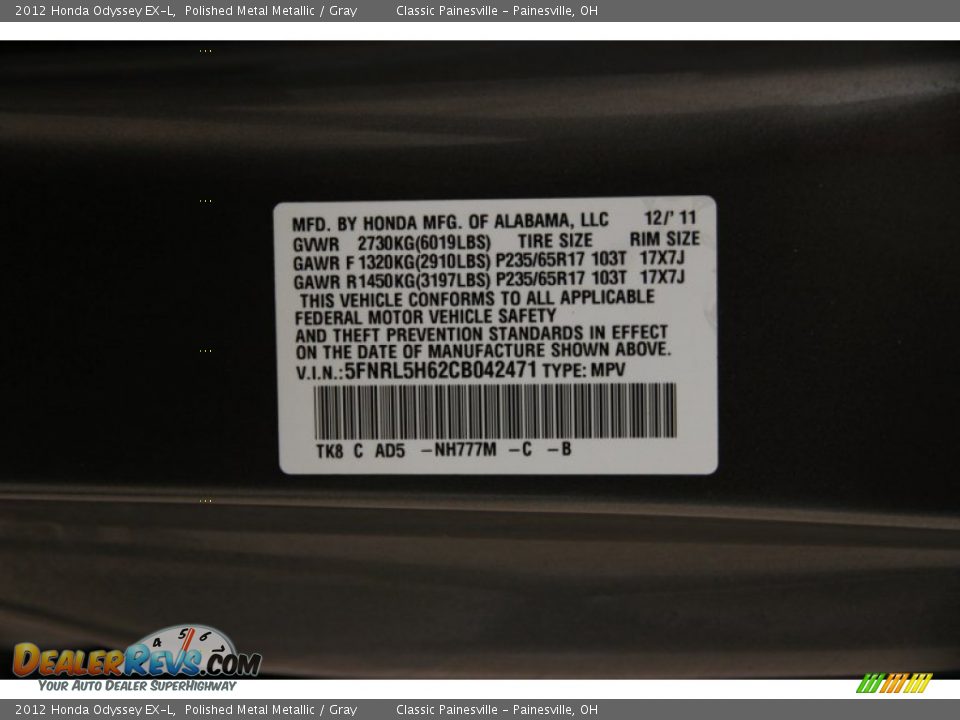 2012 Honda Odyssey EX-L Polished Metal Metallic / Gray Photo #23